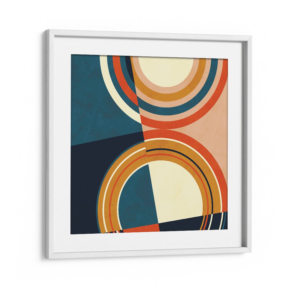 Colorful geometric shapes in a white frame, showcasing "GEOMETRY NEW I, ABSTRACT PAINTINGS" by Ana Rut Bre.