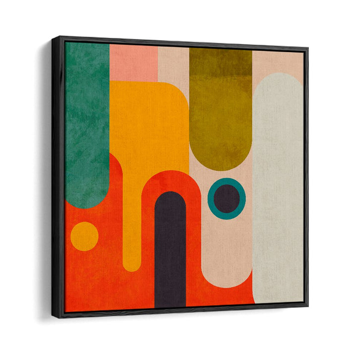 Colorful abstract design of GEOMETRY NEW III KOPIE, ABSTRACT PAINTINGS by Ana Rut Bre in a sleek black frame.