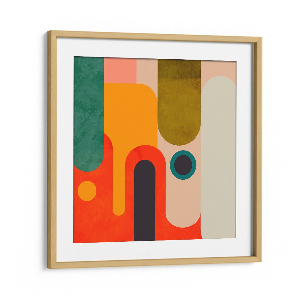 Vibrant GEOMETRY NEW III KOPIE, ABSTRACT PAINTINGS by Ana Rut Bre in a chic oak frame, perfect for modern decor.