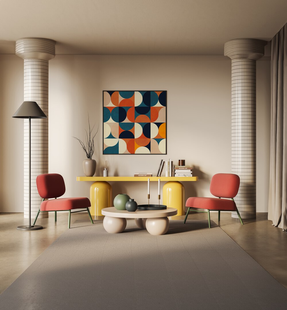 Transform your space with GEOMETRY NEW MARRON, ABSTRACT PAINTINGS by Ana Rut Bre, showcasing vibrant geometric designs.