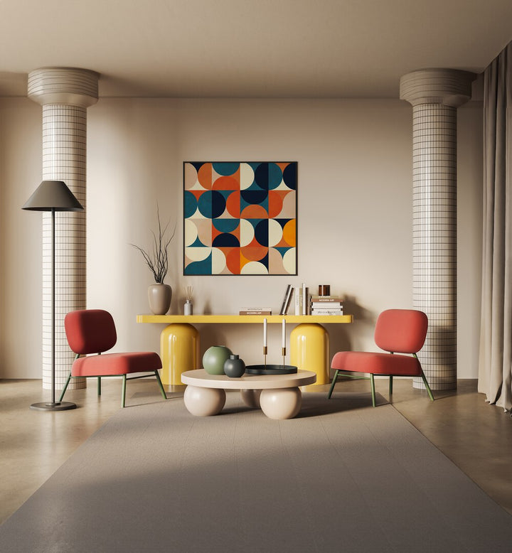 Transform your space with GEOMETRY NEW MARRON, ABSTRACT PAINTINGS by Ana Rut Bre, showcasing vibrant geometric designs.