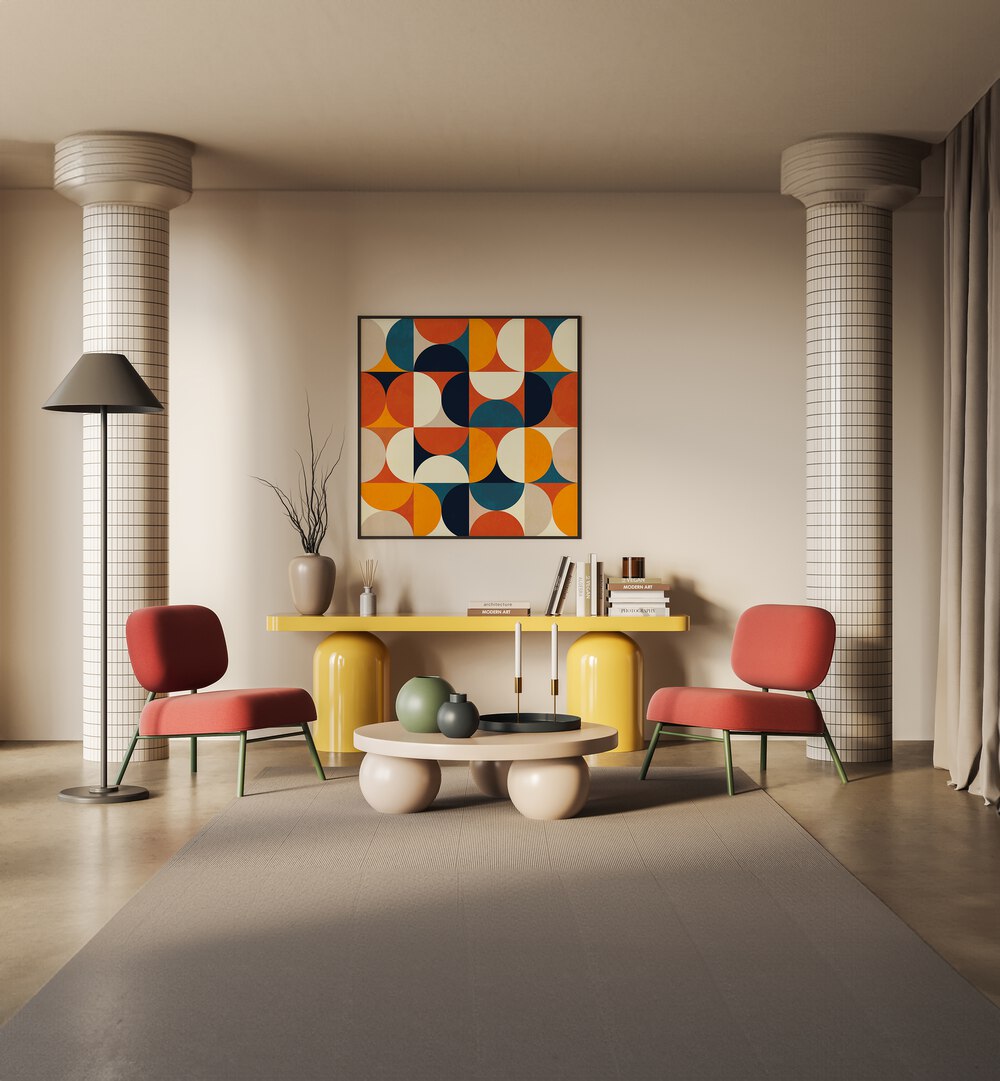 Bright and vibrant GEOMETRY NEW ROUGEATRE, ABSTRACT PAINTINGS by Ana Rut Bre enhance modern interior decor beautifully.