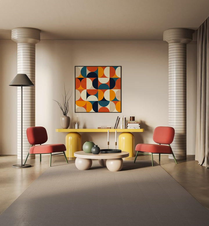 Bright and vibrant GEOMETRY NEW ROUGEATRE, ABSTRACT PAINTINGS by Ana Rut Bre enhance modern interior decor beautifully.