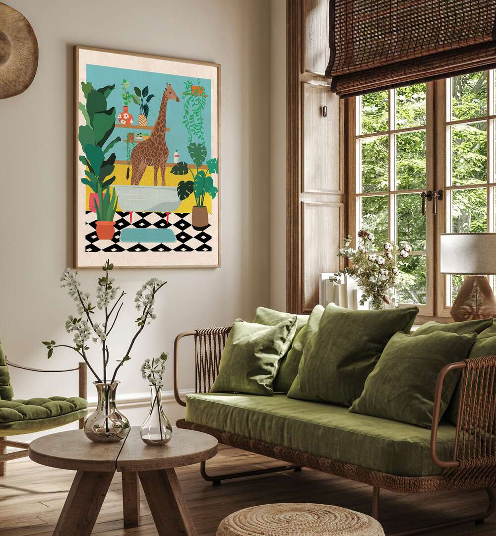 Whimsical GIRAFFE BATHTIME, KIDS ROOM PAINTINGS brighten any child’s space with playful charm and joy.