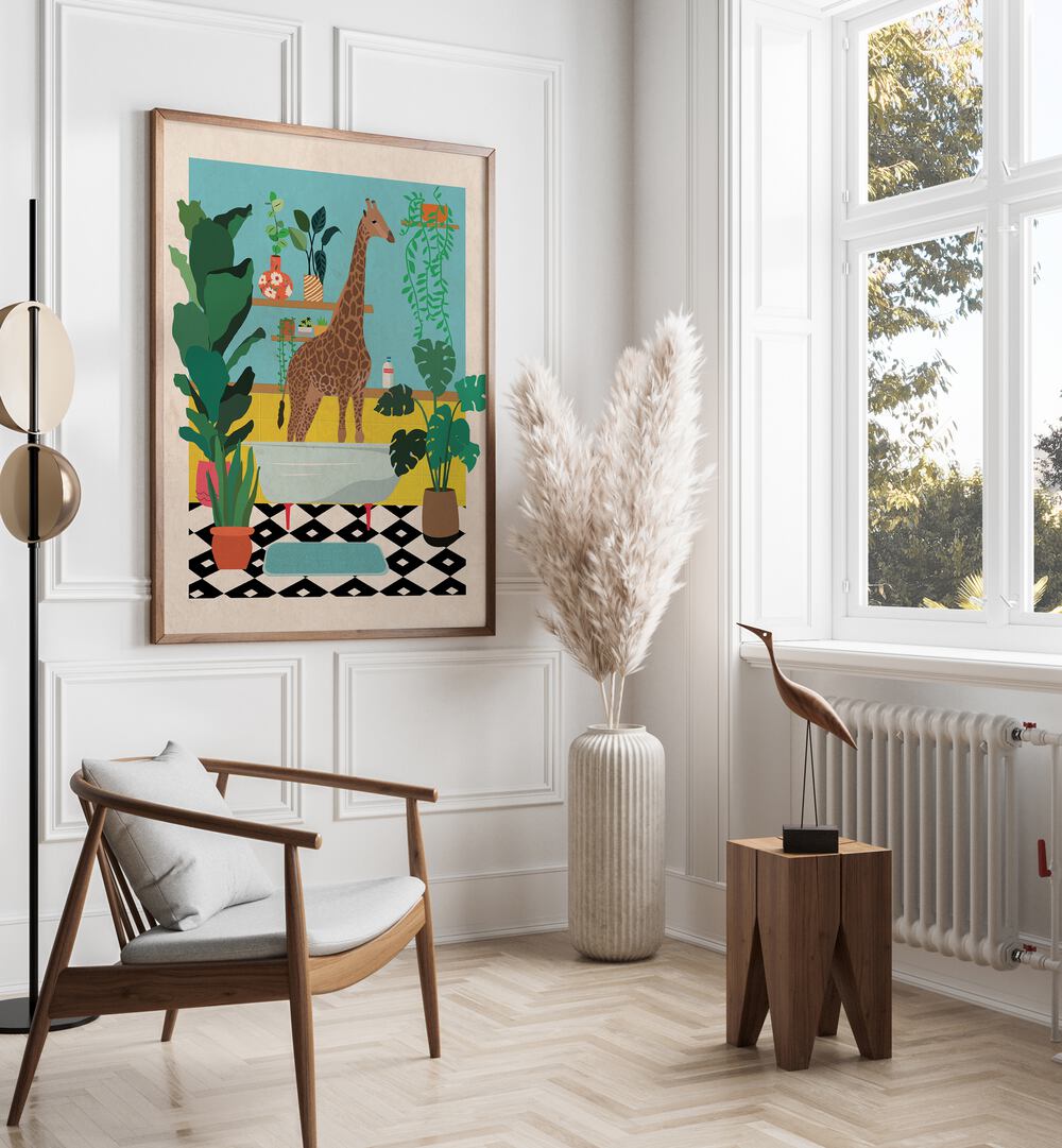 Delightful GIRAFFE BATHTIME, KIDS ROOM PAINTINGS brightening up a child's space with whimsical wall art.