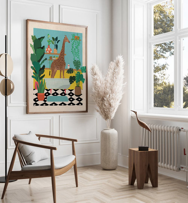 Delightful GIRAFFE BATHTIME, KIDS ROOM PAINTINGS brightening up a child's space with whimsical wall art.