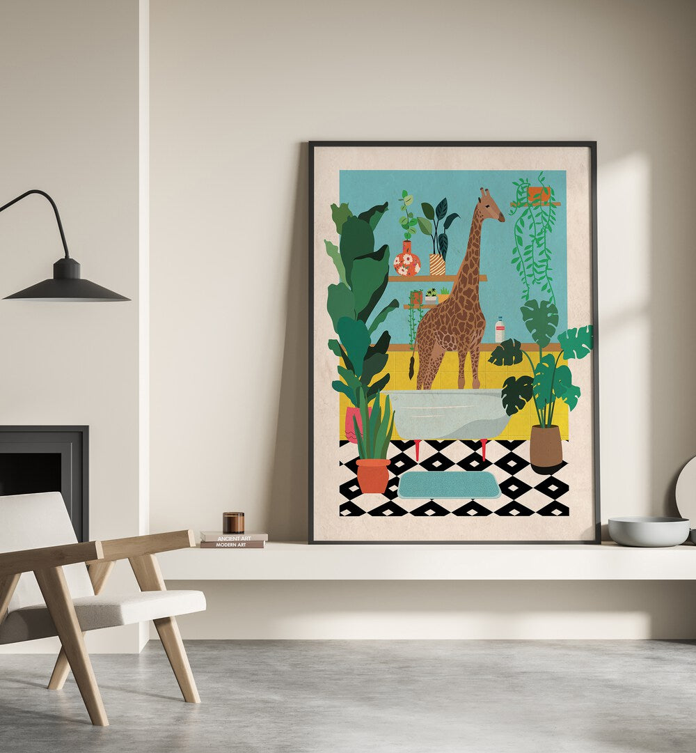 Whimsical GIRAFFE BATHTIME, KIDS ROOM PAINTINGS adds playful charm to your child's space with vibrant wall art.