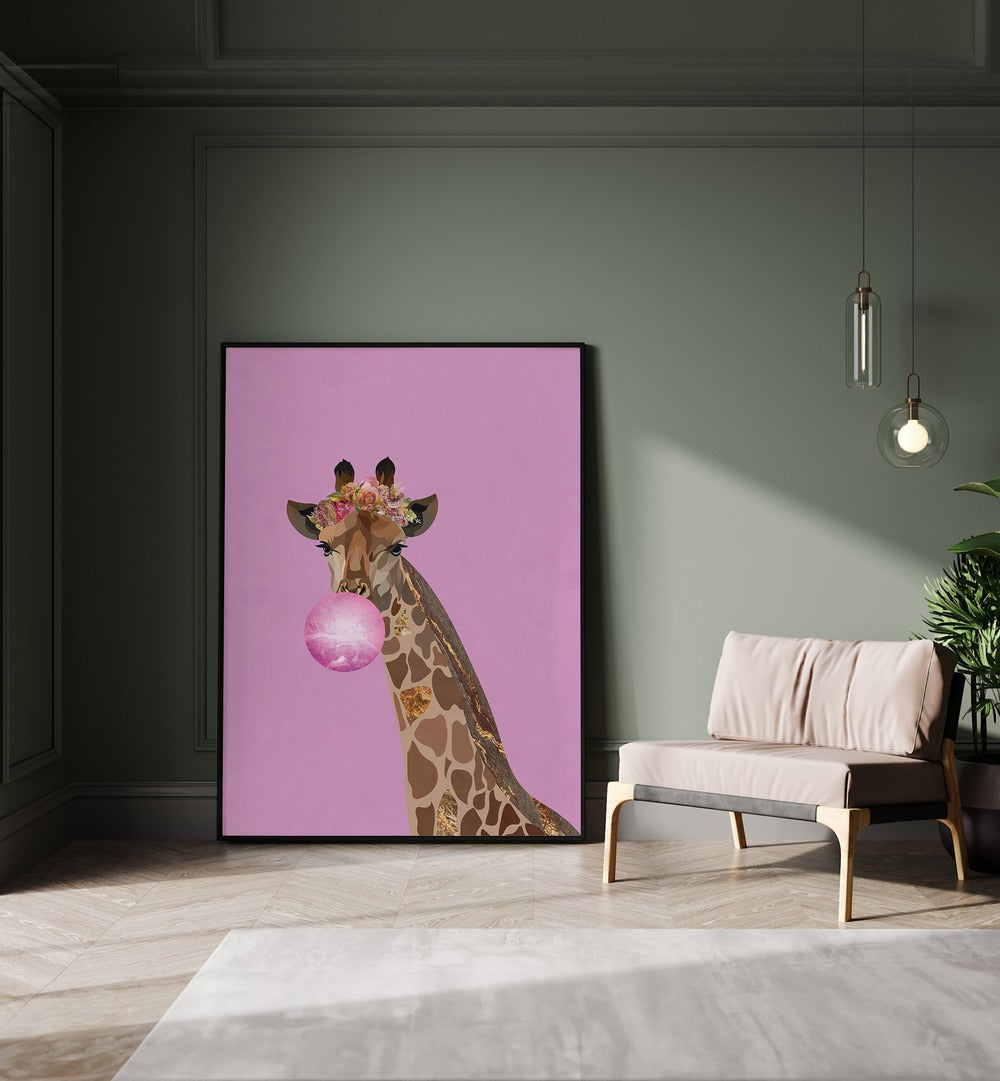 Whimsical GIRAFFE PINK BUBBLEGUM, KIDS ROOM PAINTINGS by Sarah Manovski, perfect for a child's room decor.