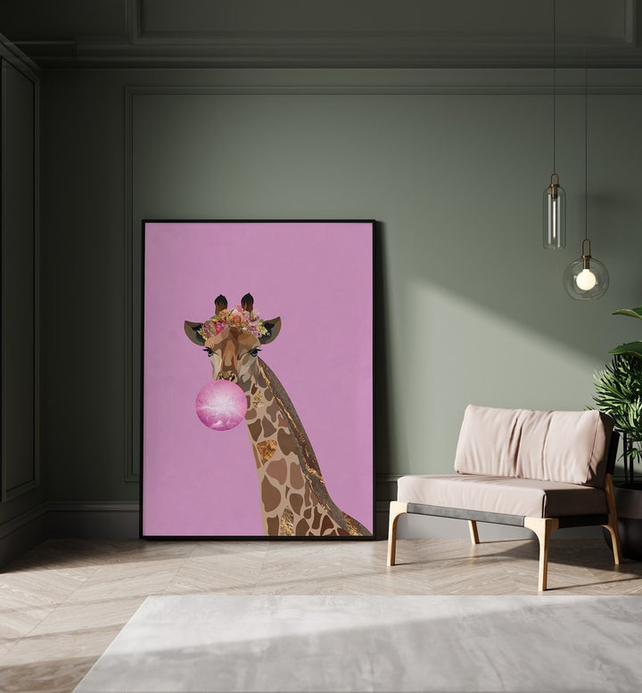 Whimsical GIRAFFE PINK BUBBLEGUM, KIDS ROOM PAINTINGS by Sarah Manovski, perfect for a child's room decor.
