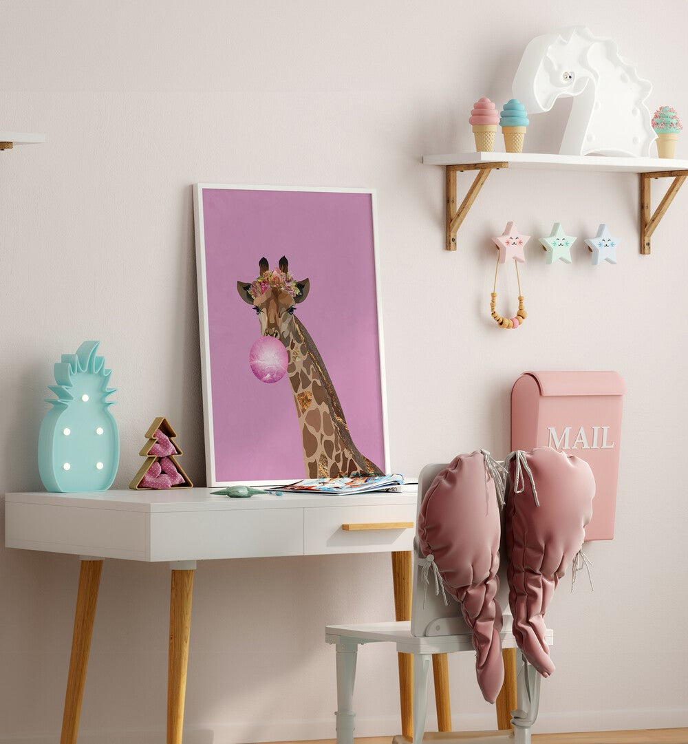 Whimsical GIRAFFE PINK BUBBLEGUM, KIDS ROOM PAINTINGS by Sarah Manovski adds charm to any child’s room decor.