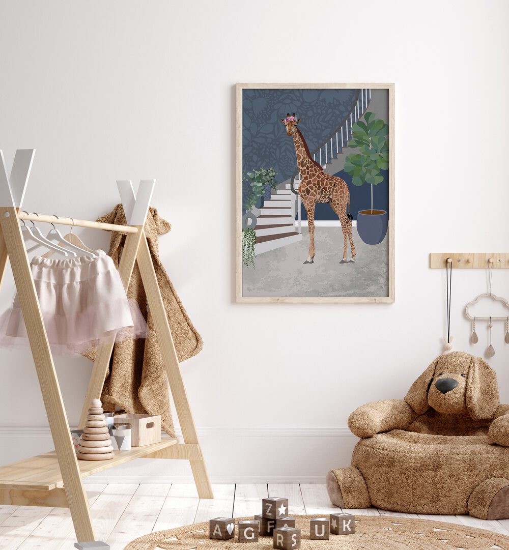 Charming GIRAFFE BY THE STAIRS, ANIMAL PAINTINGS by Sarah Manovski, perfect for enhancing your home decor.
