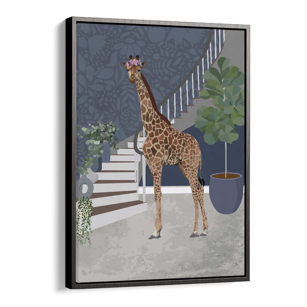 Whimsical GIRAFFE BY THE STAIRS, ANIMAL PAINTINGS by Sarah Manovski adds charm to your home decor with its unique design.