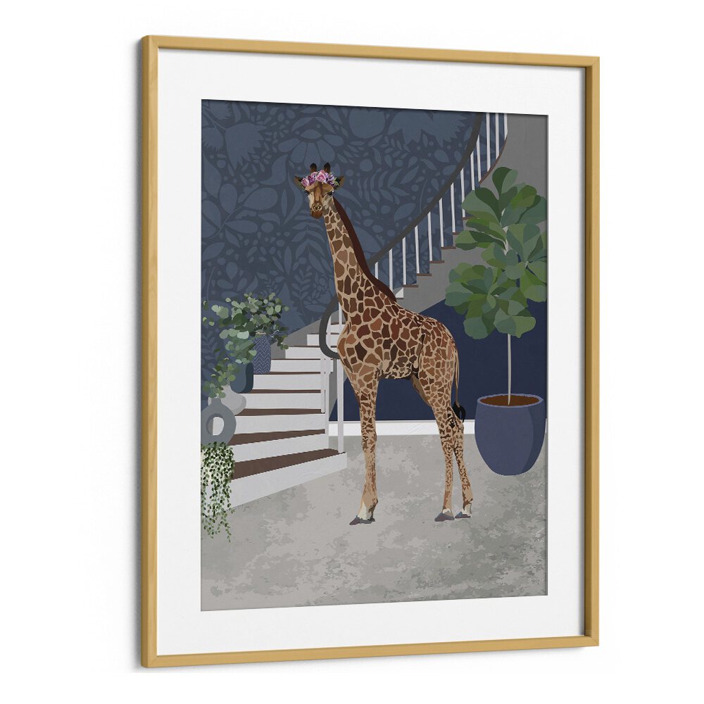 Whimsical "Giraffe by the Stairs" wildlife painting, a charming addition to your decor, perfect for animal paintings lovers.
