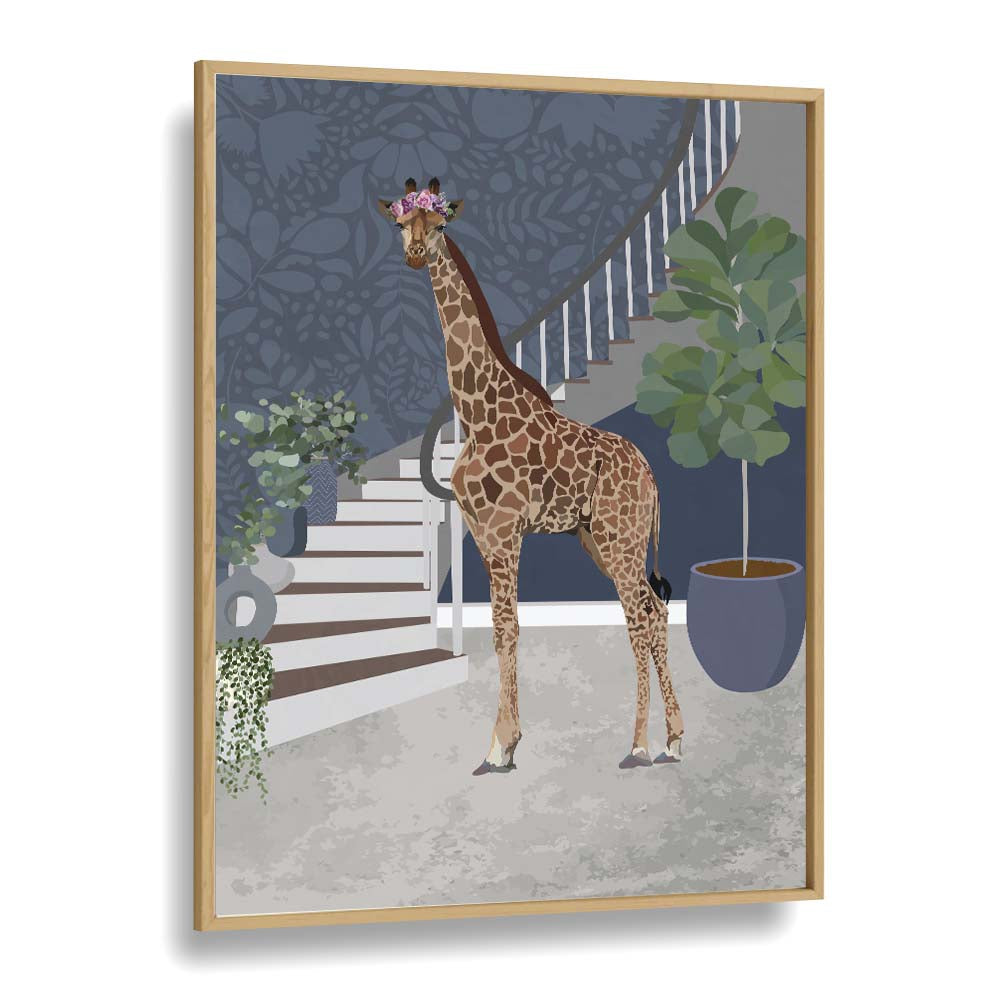 Whimsical GIRAFFE BY THE STAIRS, ANIMAL PAINTINGS by Sarah Manovski, perfect for adding charm to home decor.
