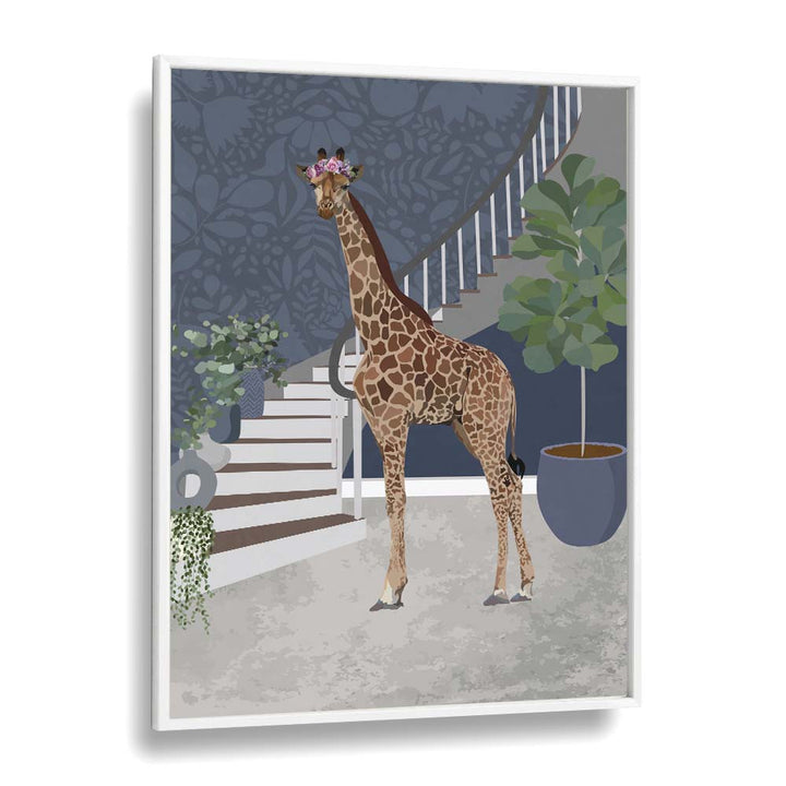 Charming "Giraffe by the Stairs," an enchanting wildlife painting perfect for home decor, by Sarah Manovski.