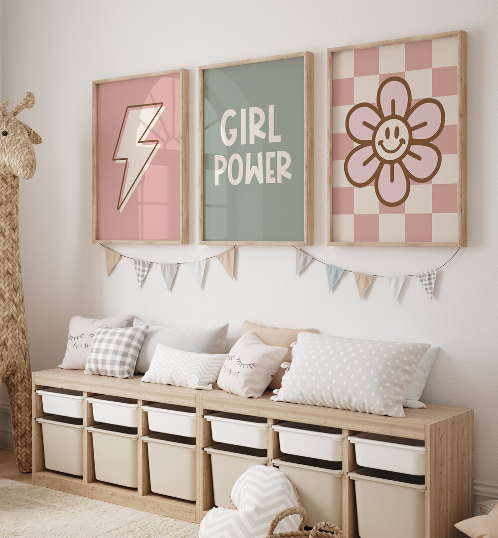 Vibrant GIRL POWER, SET OF 3 PAINTINGS brighten up any child's space with inspiring framed art prints.