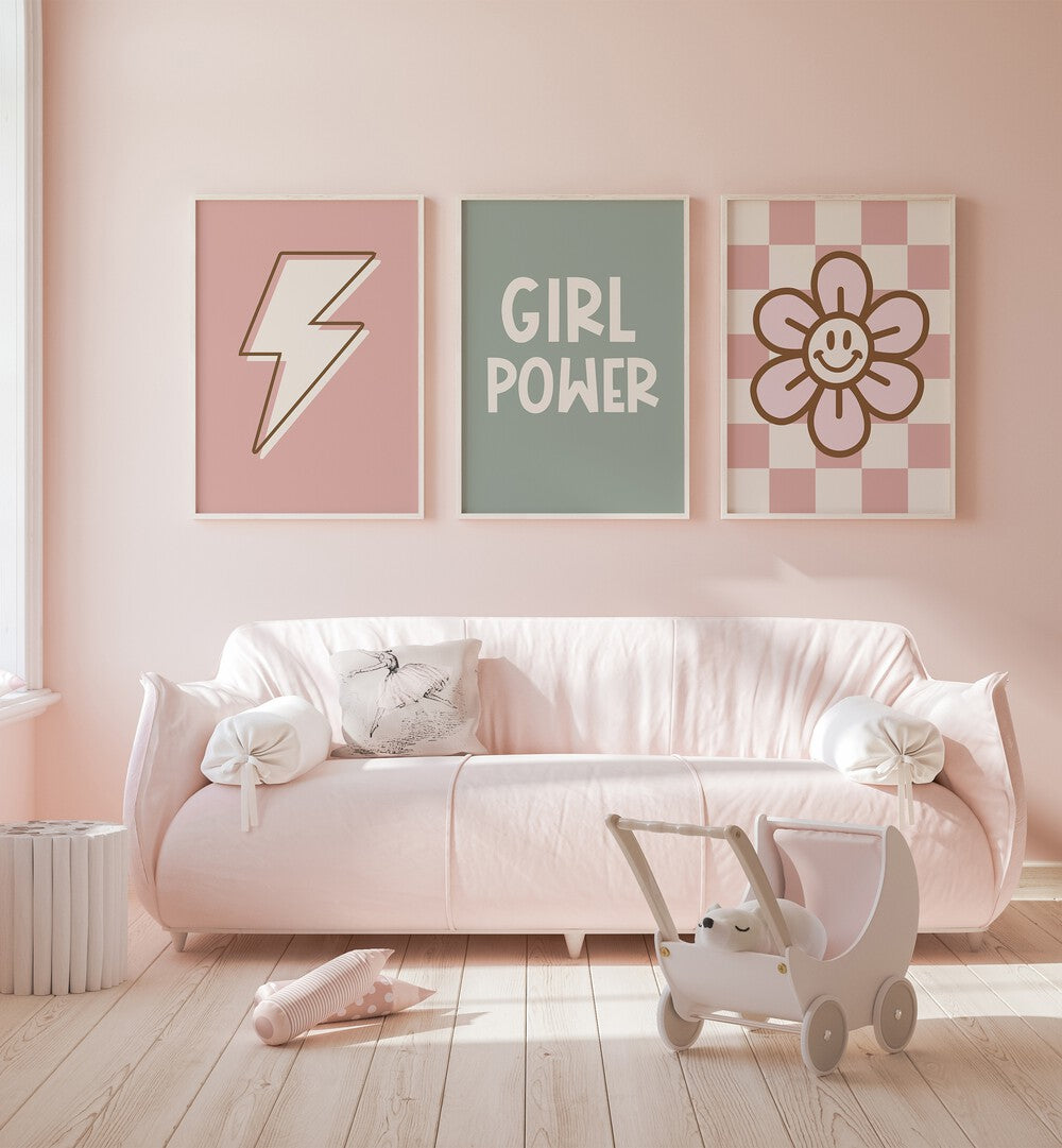 Brighten any child's room with the GIRL POWER, SET OF 3 PAINTINGS featuring colorful, empowering designs.
