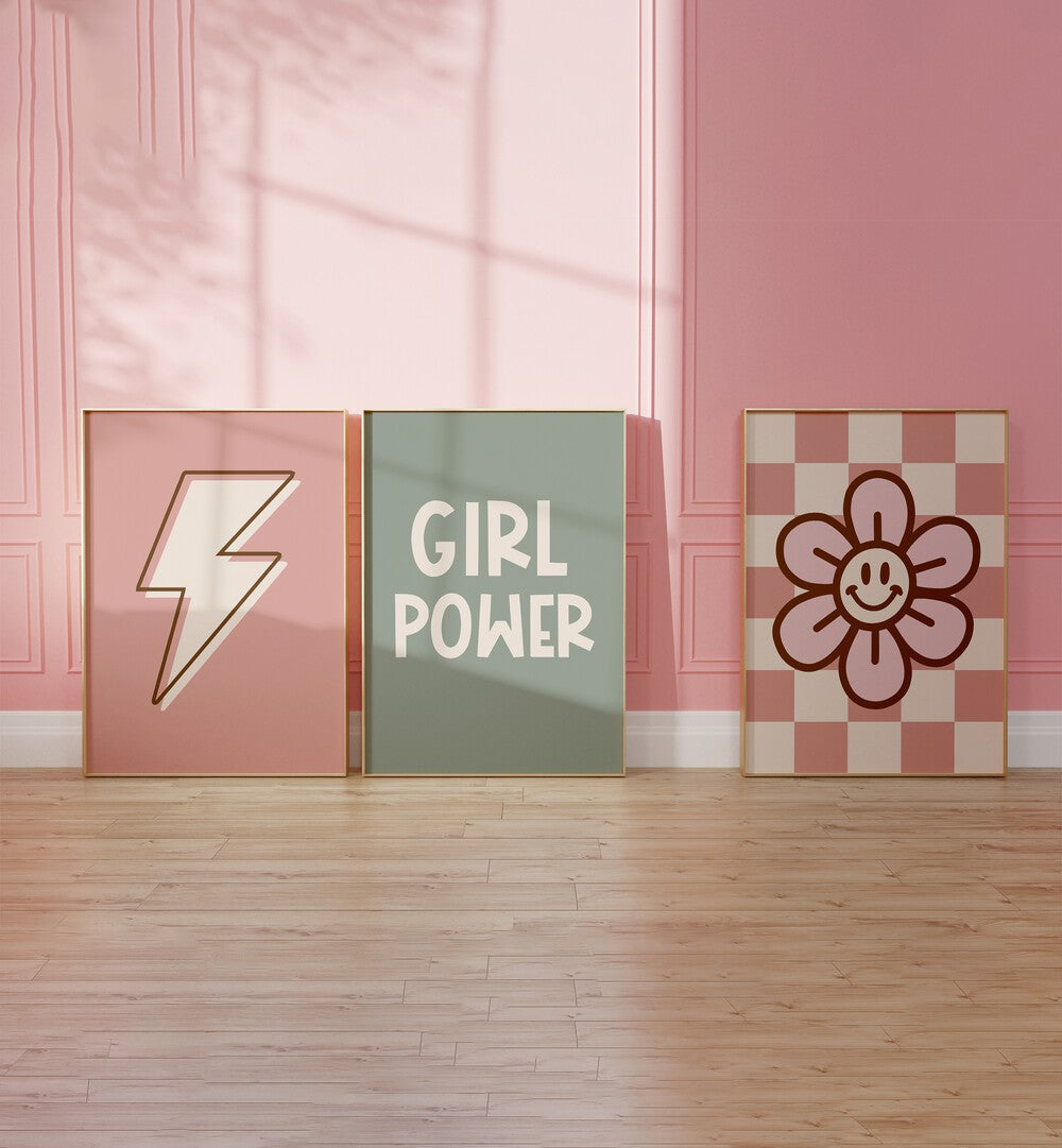 Vibrant GIRL POWER, SET OF 3 PAINTINGS showcasing empowerment-themed art for children's spaces. Perfect for playrooms!