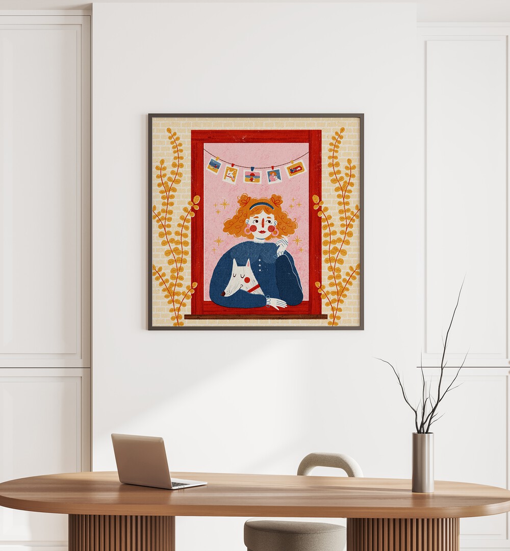 Charming illustration of a GIRL WITH HER DOG by Julia Leister, perfect for art lovers and home decor enthusiasts.