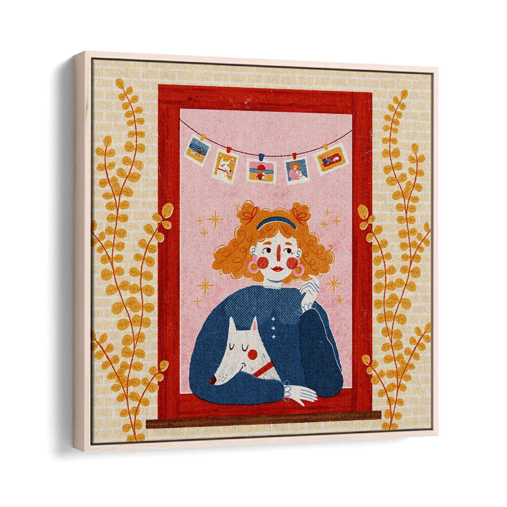 Charming illustration of a GIRL WITH HER DOG by Julia Leister, perfect for art lovers and home decor enthusiasts.
