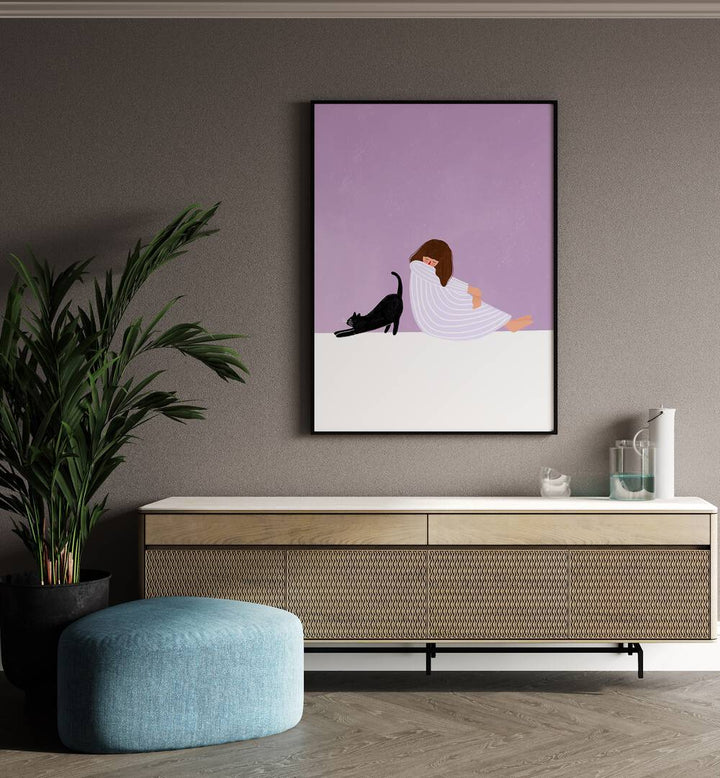Charming illustration featuring a GIRL with her black cat, perfect for art lovers by Bea Muller.
