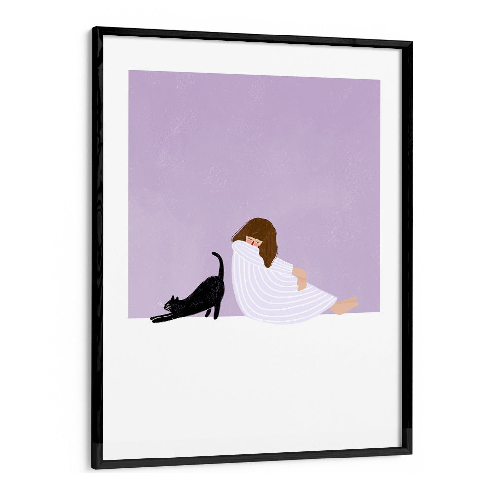 Charming illustration of a GIRL with her black cat, beautifully framed, by Bea Muller for your art collection.
