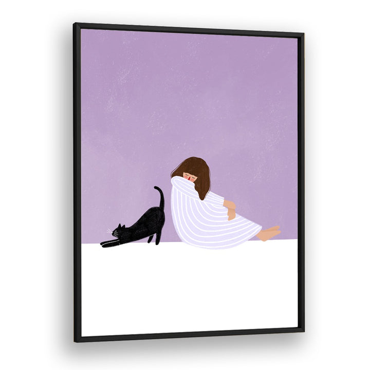 GIRL wrapped in a blanket sits beside a playful cat, showcasing Bea Muller's charming illustration art.