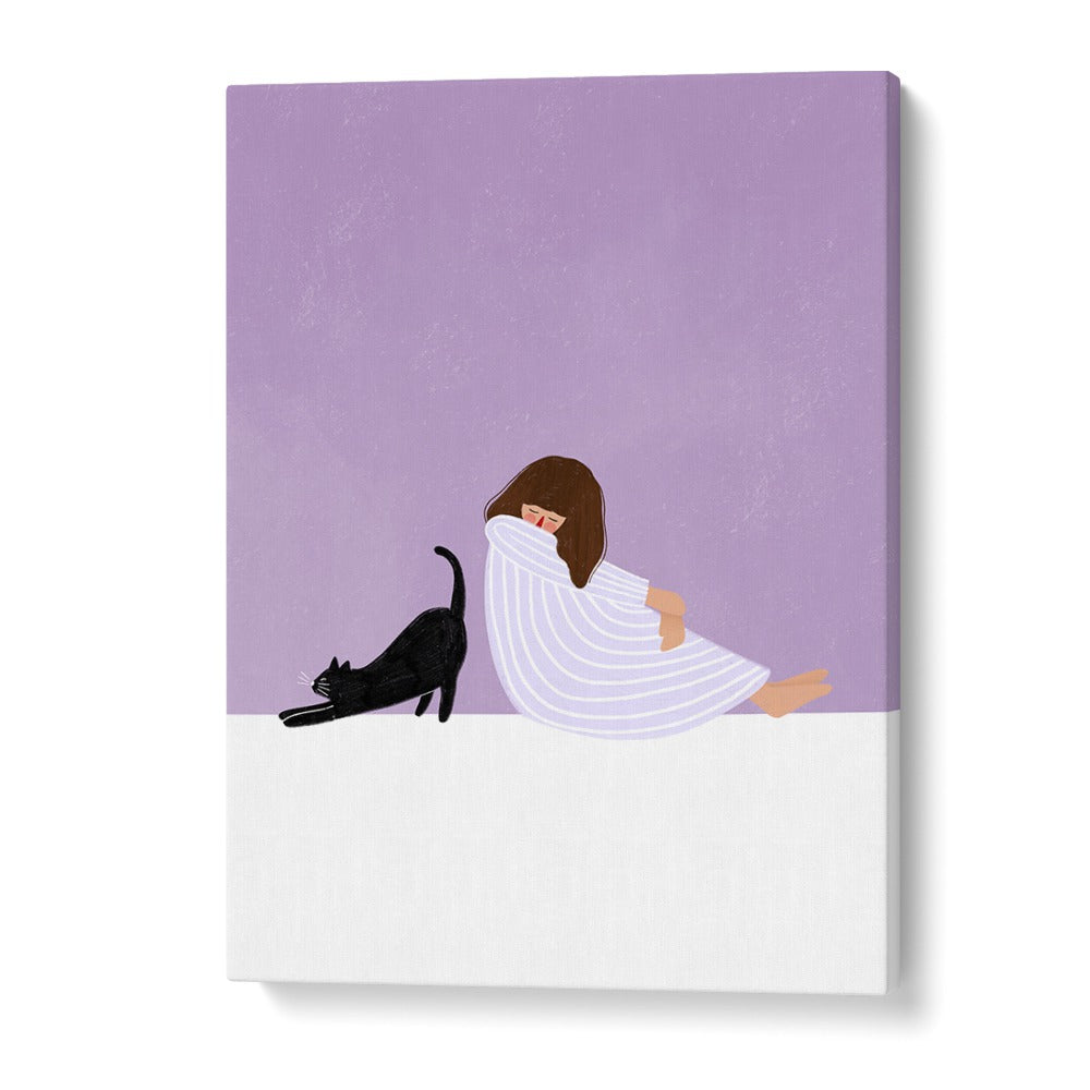Charming GIRL wrapped in a blanket, enjoying playful moments with her black cat in Bea Muller's delightful illustration.