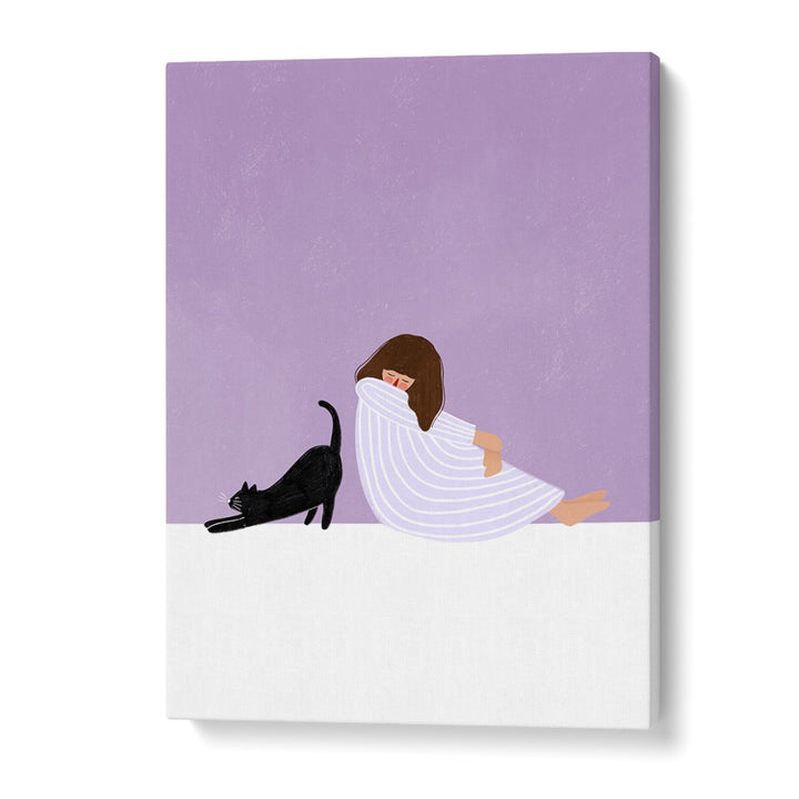 Charming GIRL wrapped in a blanket, enjoying playful moments with her black cat in Bea Muller's delightful illustration.