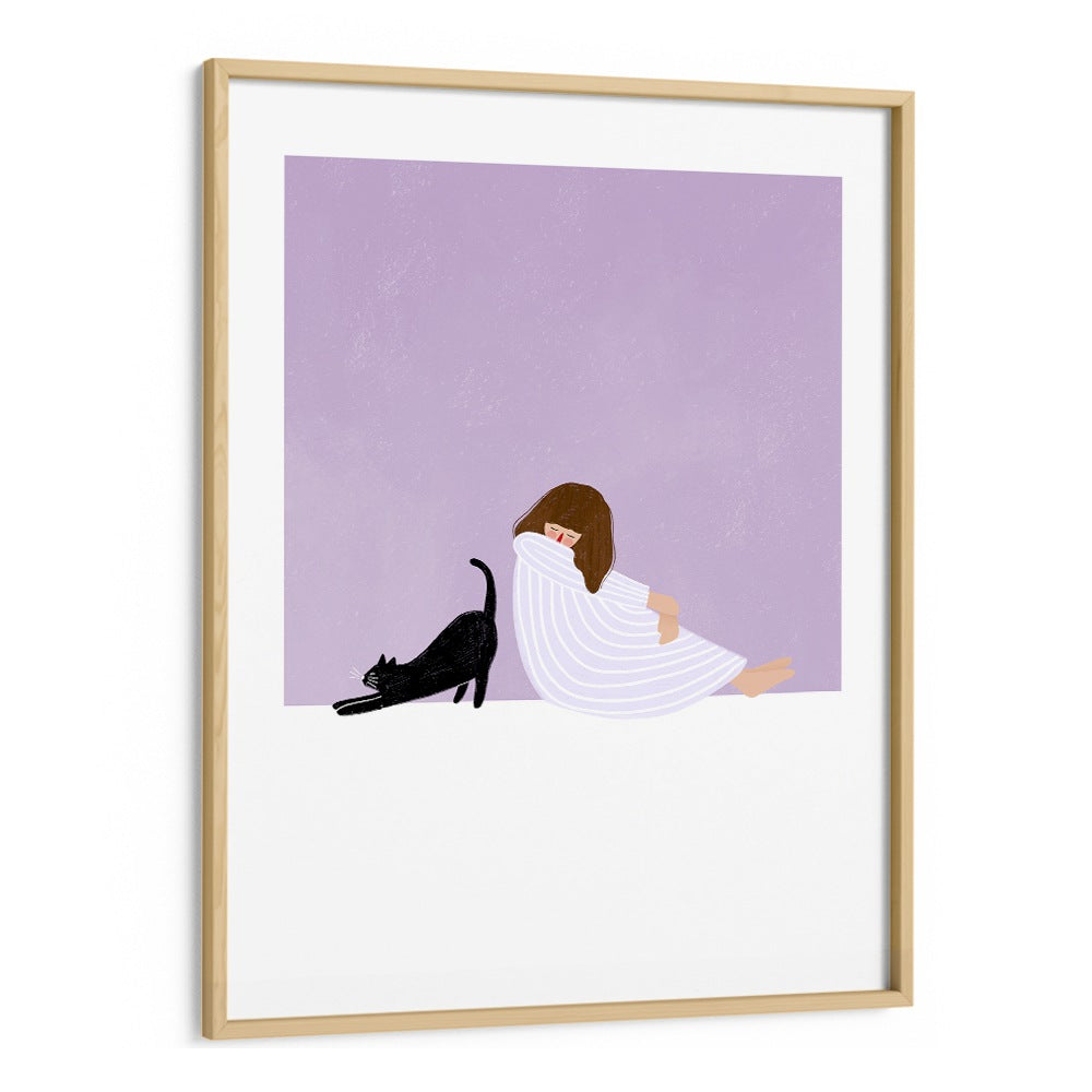 Charming GIRL illustration with a cat by Bea Muller, elegantly framed for your art collection. Perfect for cat lovers!
