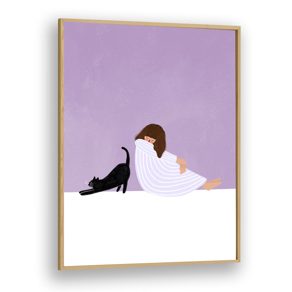 Charming illustration of a GIRL wrapped in a blanket with a playful cat, showcasing Bea Muller's artistic style.