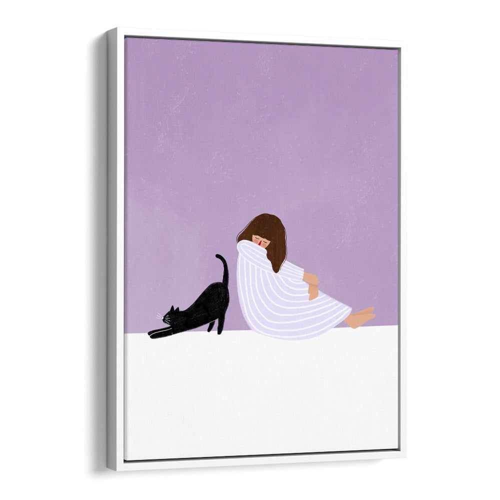 GIRL and her playful cat relax against a soft purple backdrop in Bea Muller's charming illustration.