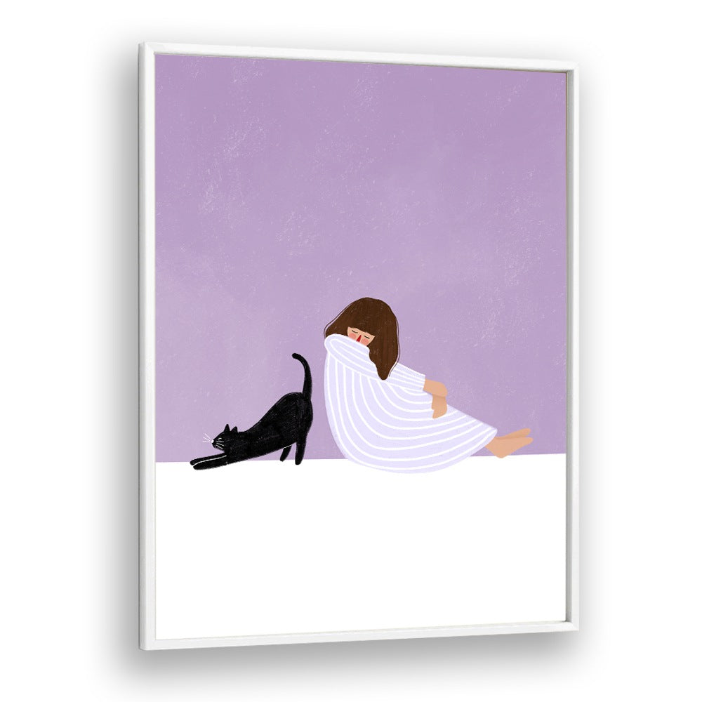 Charming illustration of a GIRL with a black cat by Bea Muller, perfect for art lovers seeking unique decor.