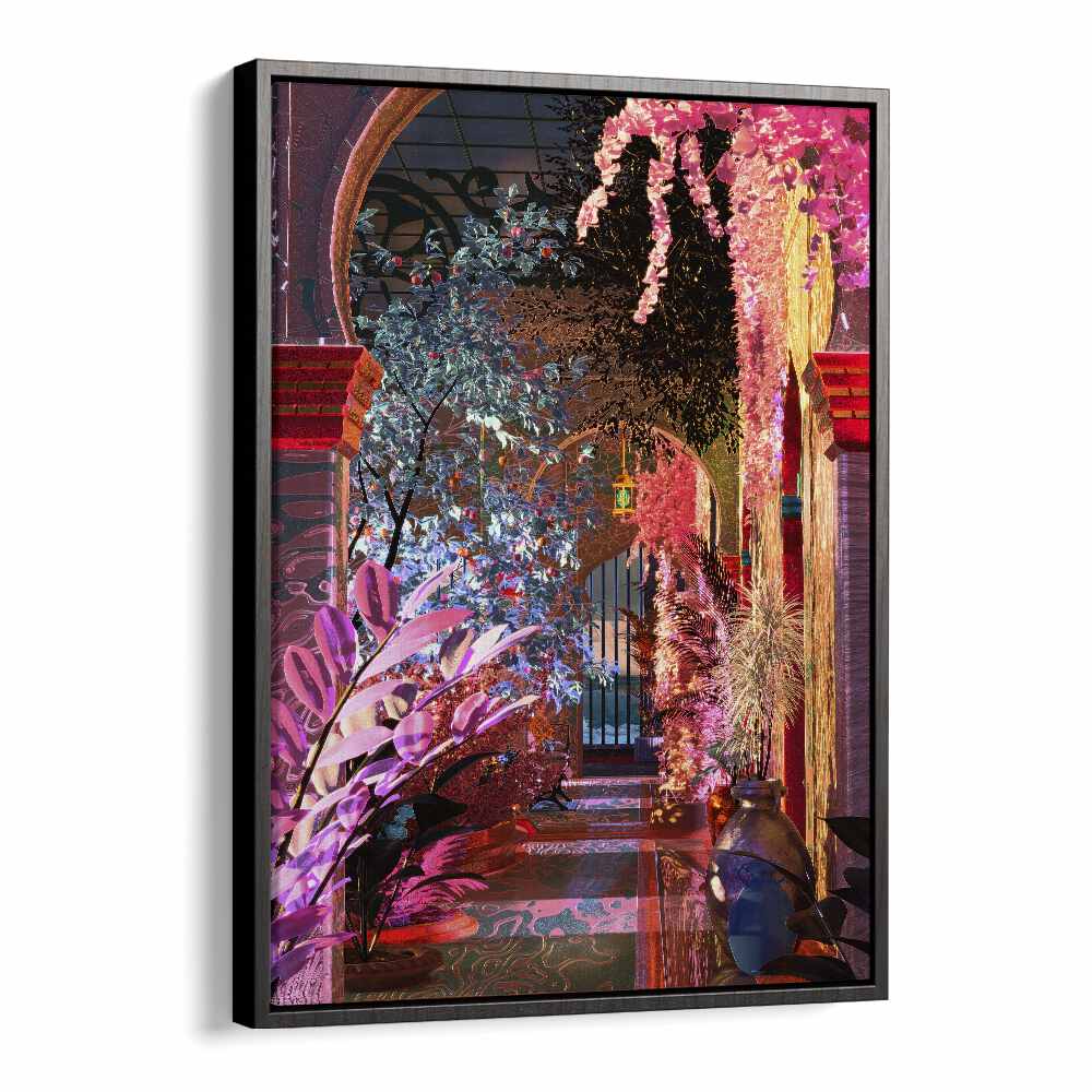 Vibrant "GLOWING PALACE, SURREAL ART PRINTS" by Cosmo Zach showcases enchanting surrealism in a stunning frame.