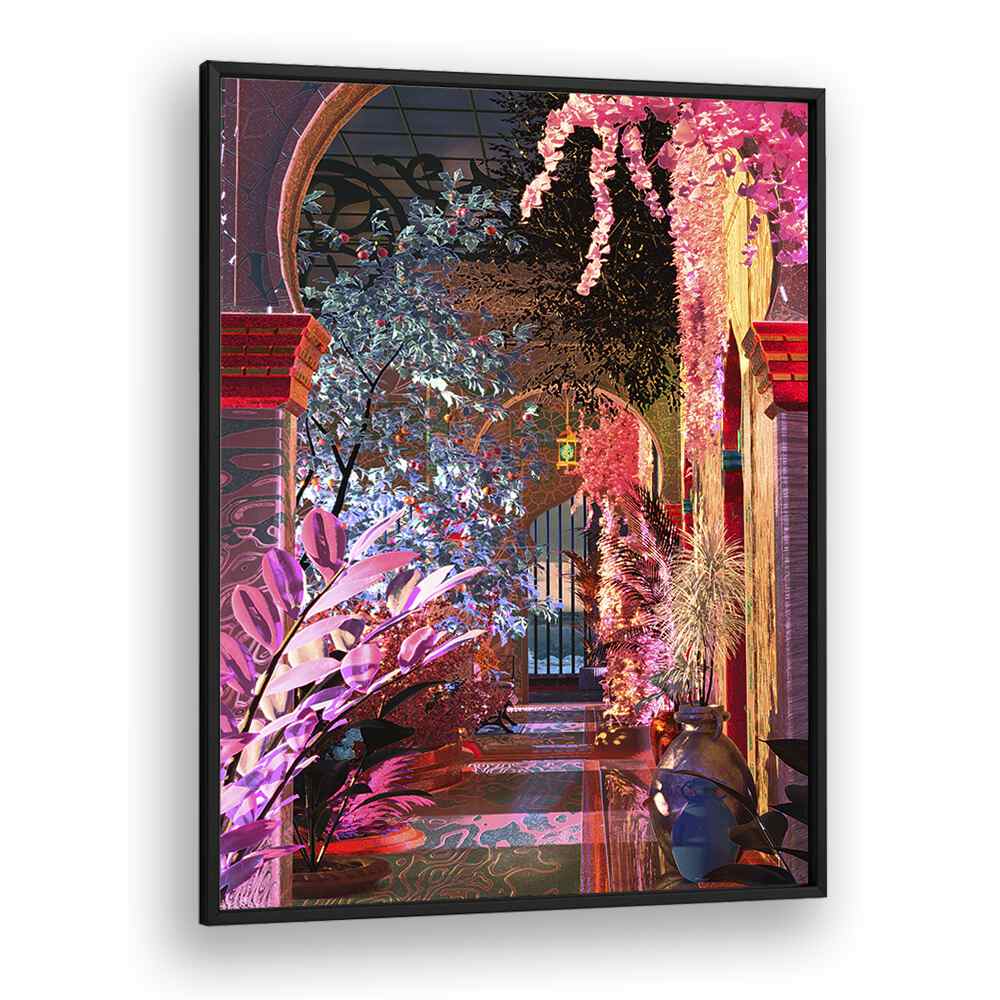 Vibrant GLOWING PALACE, SURREAL ART PRINTS by Cosmo Zach, showcasing enchanting floral corridors in vivid colors.