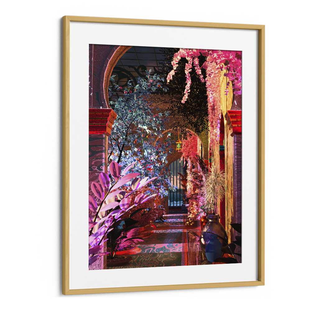 Stunning GLOWING PALACE, SURREAL ART PRINTS by Cosmo Zach, framed in oak, showcasing vibrant floral surrealism.