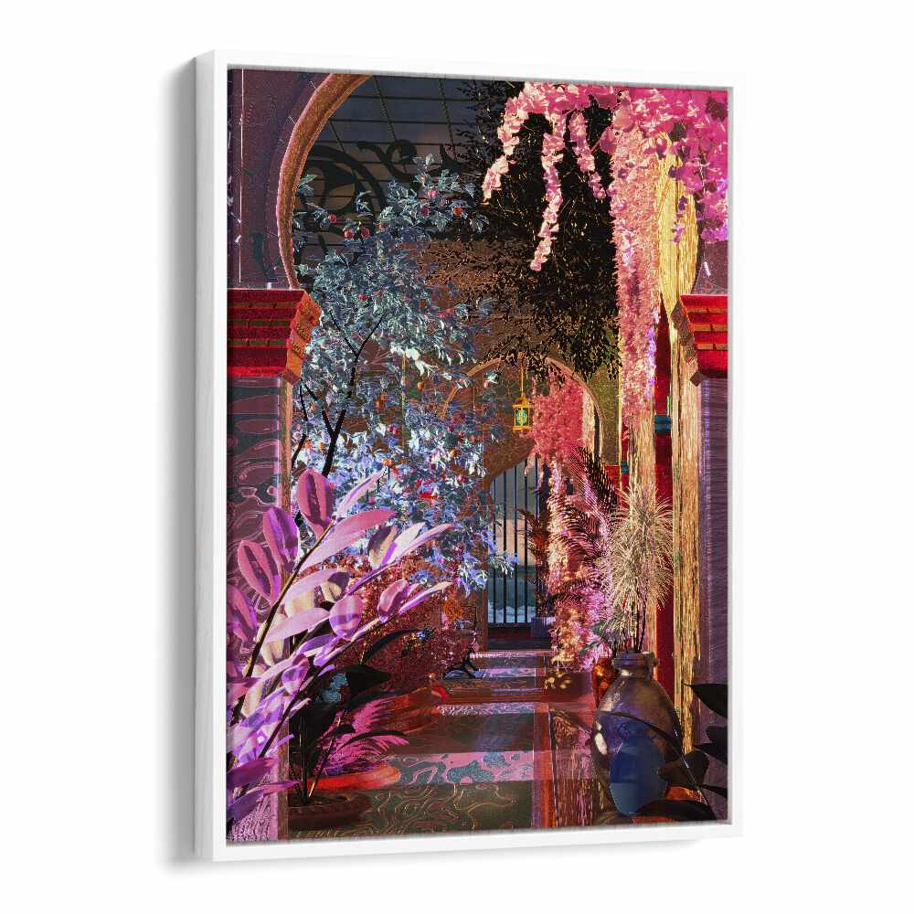 Captivating interior of the GLOWING PALACE, SURREAL ART PRINTS by Cosmo Zach, showcasing vibrant colors and enchanting details.