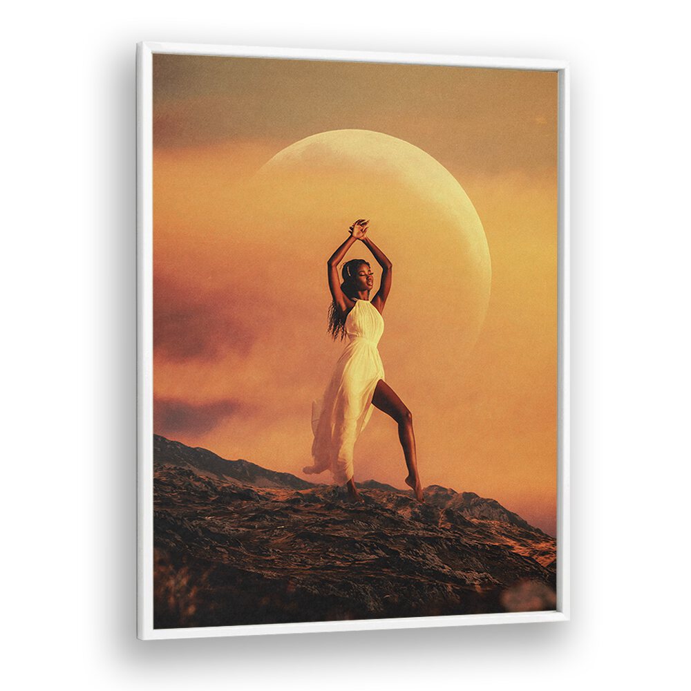 GODDESS, SURREAL ART PRINTS showcase a stunning figure against a dramatic moonlit backdrop, perfect for any space.