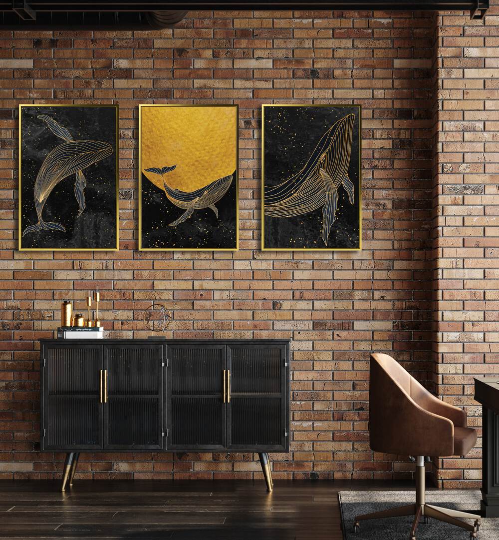 GOLDEN MARINA, SET OF 3 PAINTINGS features stunning whale art against a starry night, perfect for serene decor.