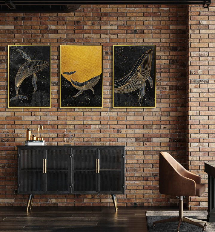 GOLDEN MARINA, SET OF 3 PAINTINGS features stunning whale art against a starry night, perfect for serene decor.