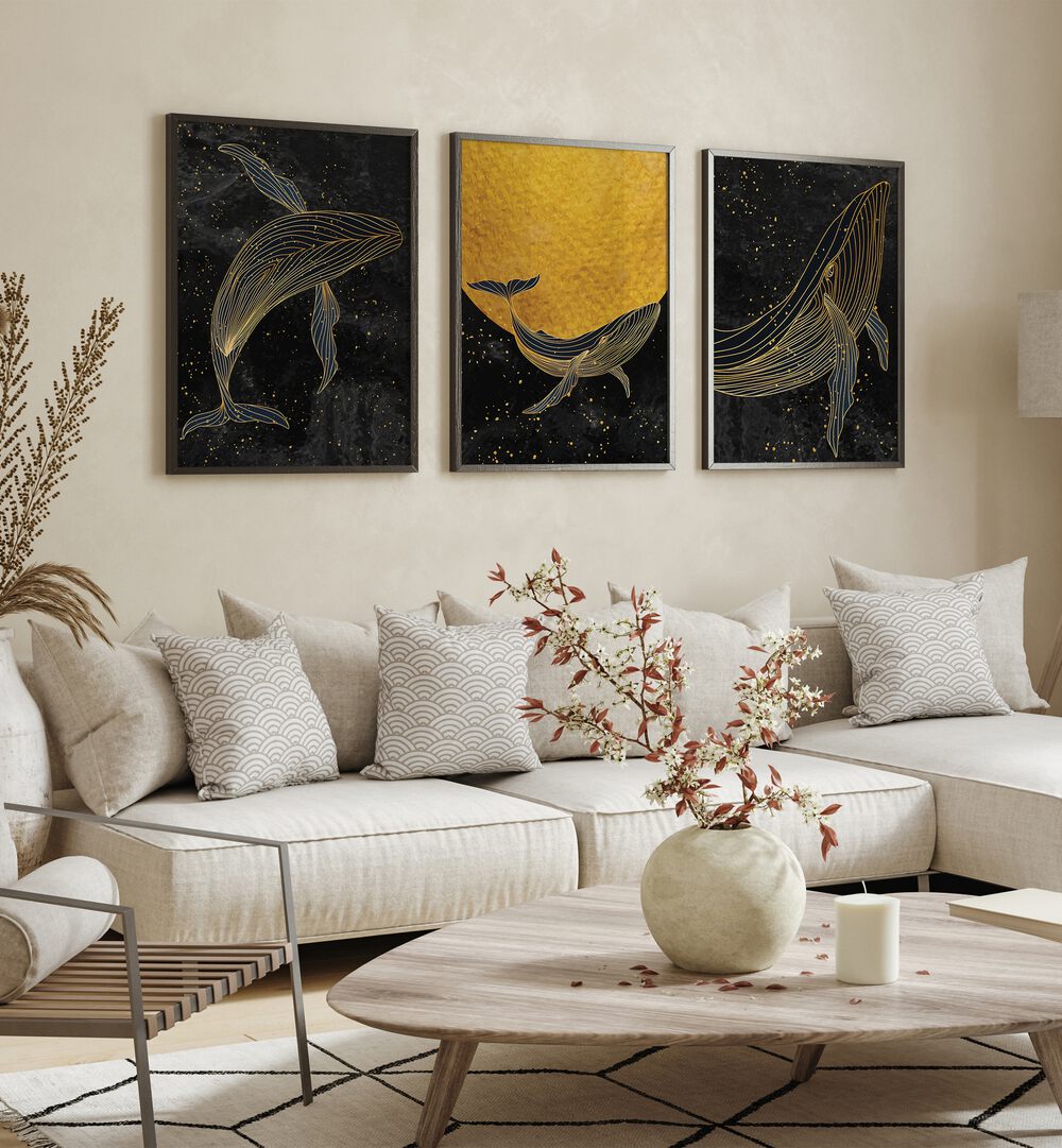 GOLDEN MARINA, SET OF 3 PAINTINGS showcases stunning whales under a starry sky, perfect for coastal decor.