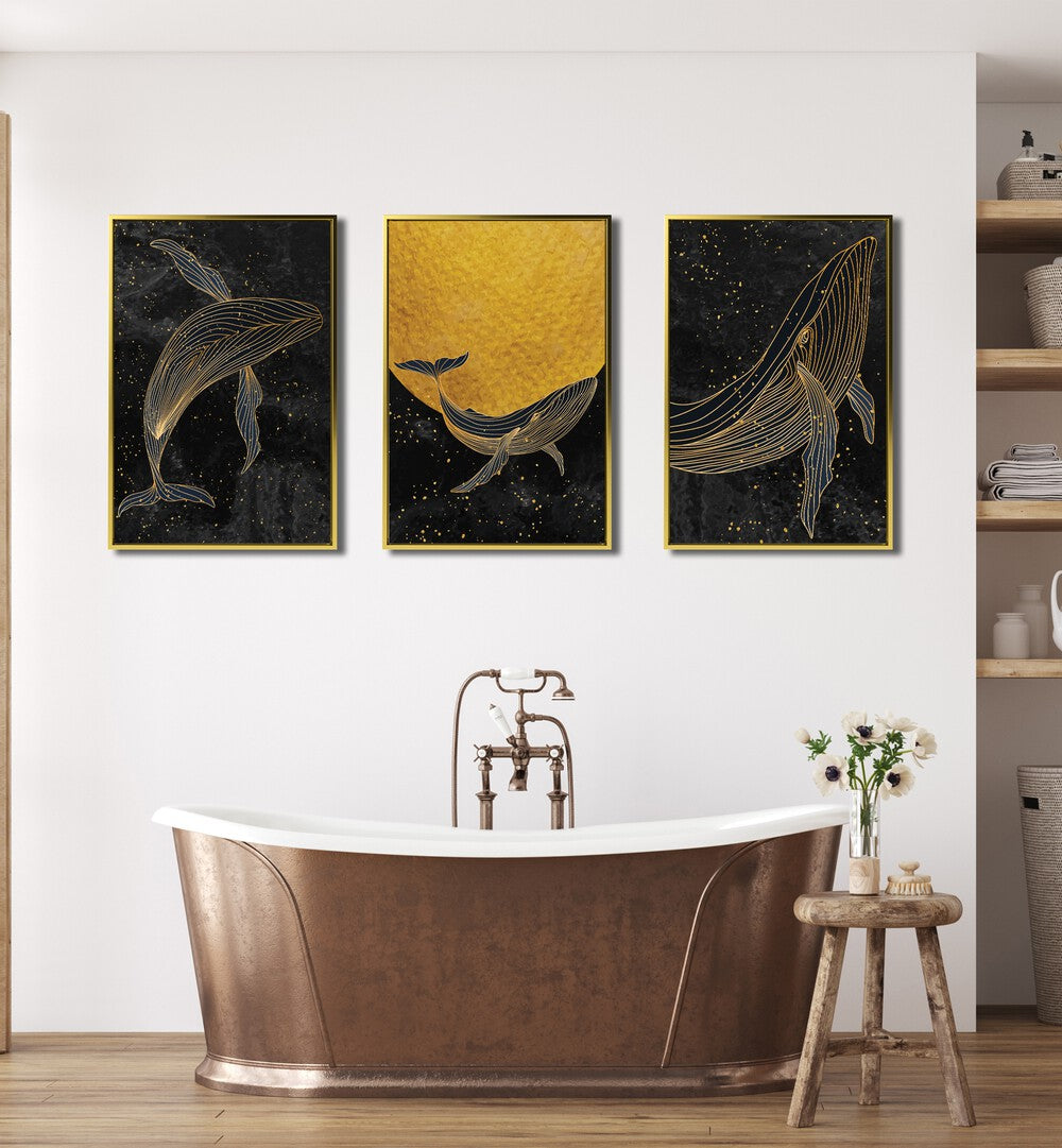 GOLDEN MARINA, SET OF 3 PAINTINGS features stunning whale art against a starry night sky, perfect for serene spaces.