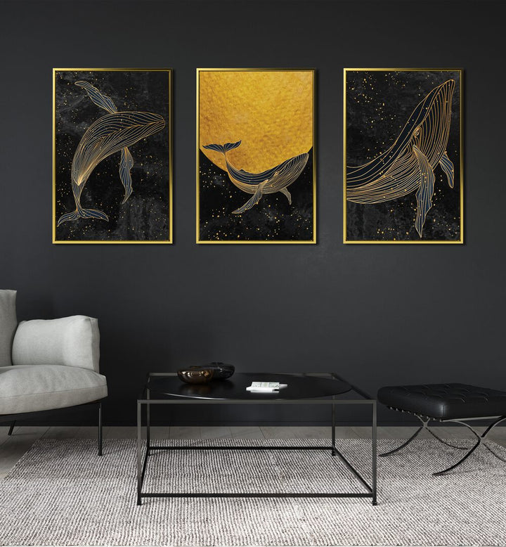 Enhance your space with the GOLDEN MARINA, SET OF 3 PAINTINGS, featuring stunning whale art and a starry night sky.