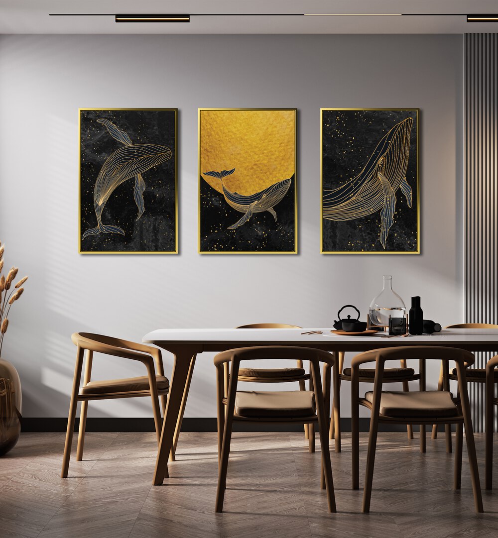 GOLDEN MARINA, SET OF 3 PAINTINGS beautifully captures whales under a starry night, perfect for serene home decor.