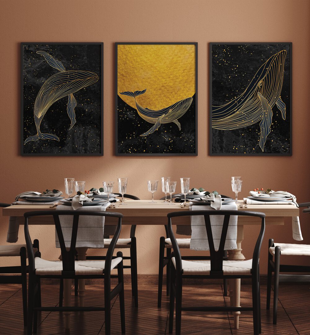 GOLDEN MARINA, SET OF 3 PAINTINGS showcases majestic whales against a starry night sky, perfect for serene decor.