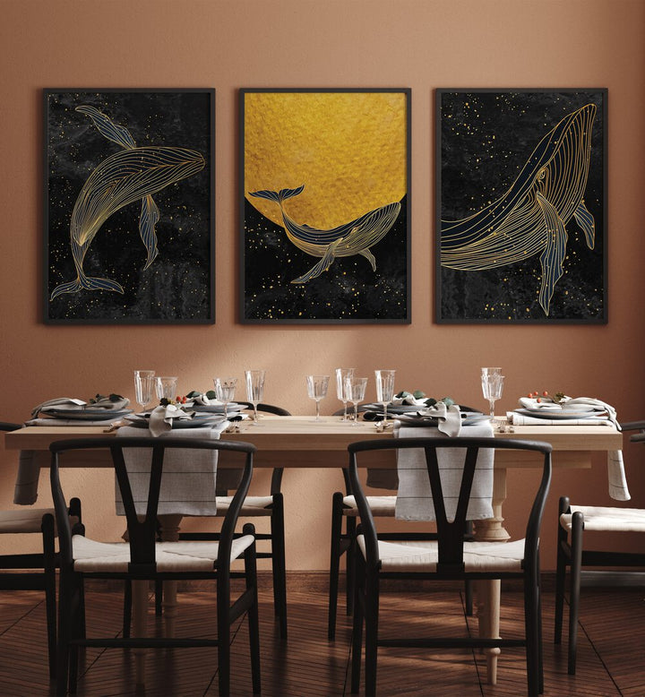 GOLDEN MARINA, SET OF 3 PAINTINGS showcases majestic whales against a starry night sky, perfect for serene decor.