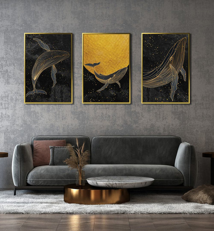 GOLDEN MARINA, SET OF 3 PAINTINGS showcases elegant whales against a starry night, perfect for serene decor.