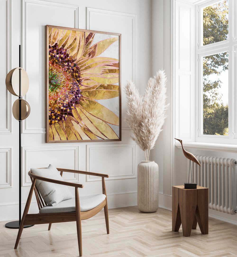 Golden Sunflower, floral flower paintings by Sarah Manovski, showcasing vibrant sunflowers in a modern setting.