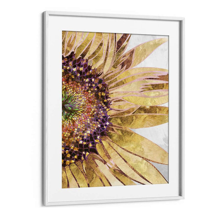 Stunning GOLDEN SUNFLOWER, FLORAL FLOWER PAINTINGS by Sarah Manovski in a white frame, perfect for adding warmth to any space.