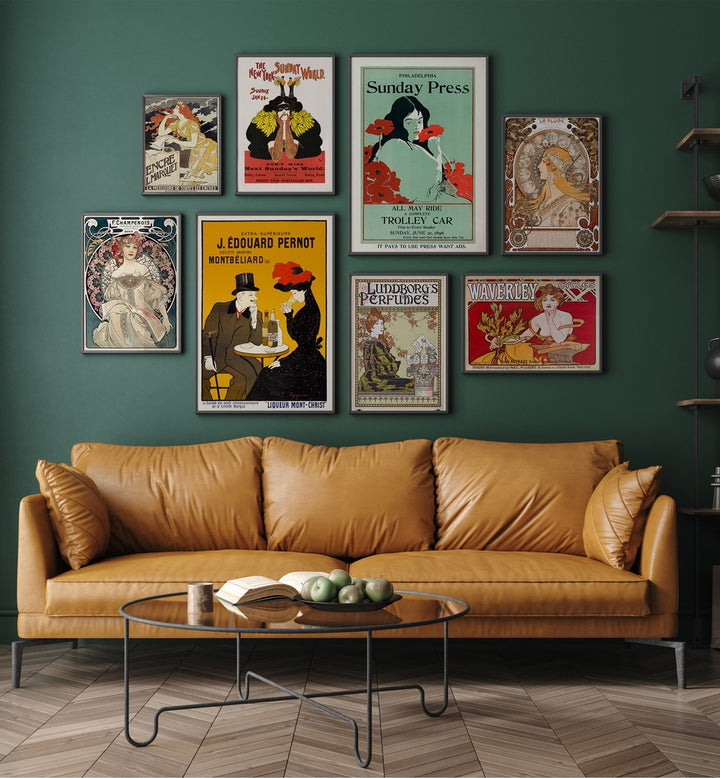 Golden Era Gallery Wall at Asian Monk featuring vintage art prints, perfect for stylish gallery walls in your home.